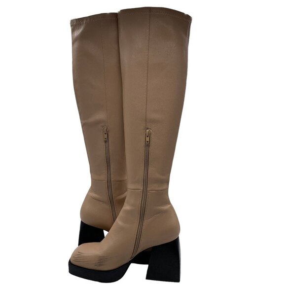 Jeffrey Campbell Knee High Boot Tan Sz 8 Dauphin Square Toe Platform Chunky - Picture 4 of 15